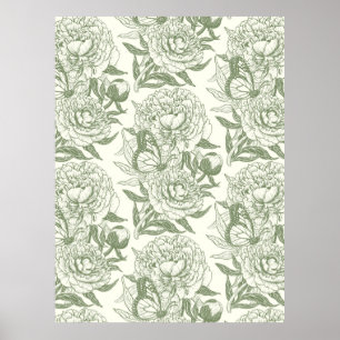 Póster peonías y mariposas estampado en bloque, verde sal