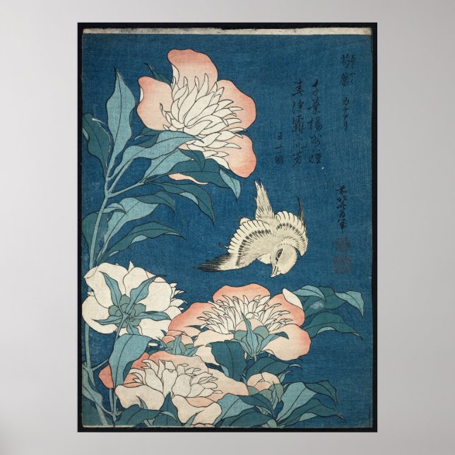 Póster Peonies and Canary por Katsushika Hokusai 1834 (Frente)