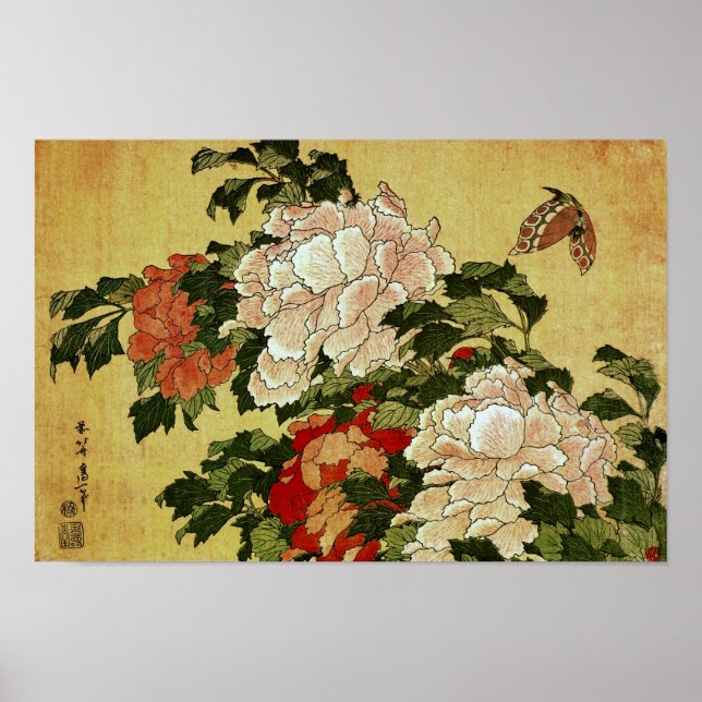 Póster Peonies & Butterflies Bella Artes japonés de Hokus (Frente)