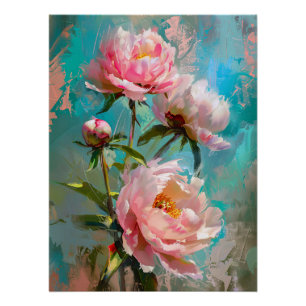 Póster Peonies rosados en pintura azul