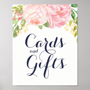 Póster Peonies rosados en tarjetas azules y Rótulo de reg