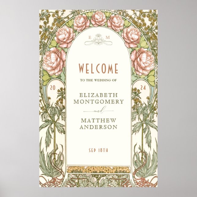 Póster Peonies Welcome Sign Wedding Vintage Art Nouveau (Frente)