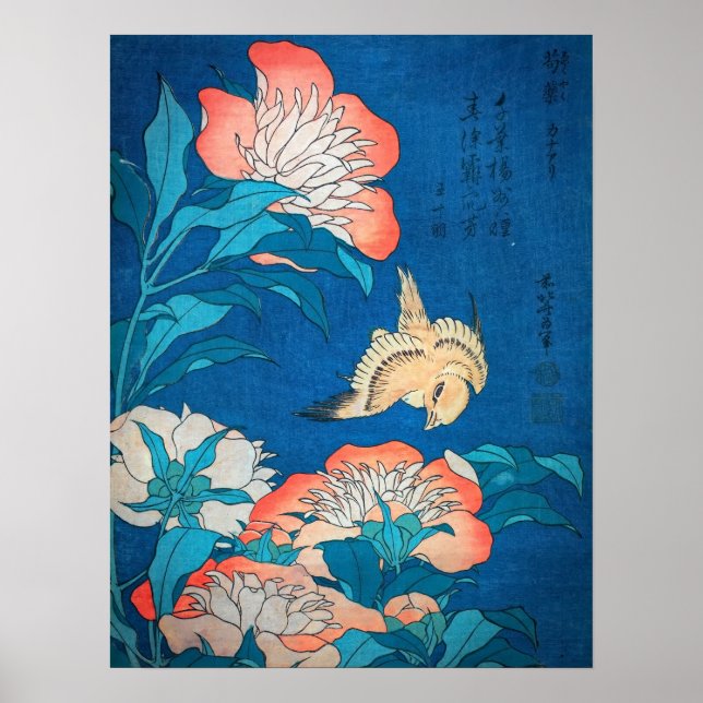 Póster Peonies y Canarias por Hokusai (Frente)