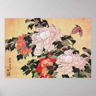 Póster Peonies y mariposa Hokusai