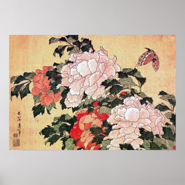 Póster Peonies y mariposa Hokusai (Frente)