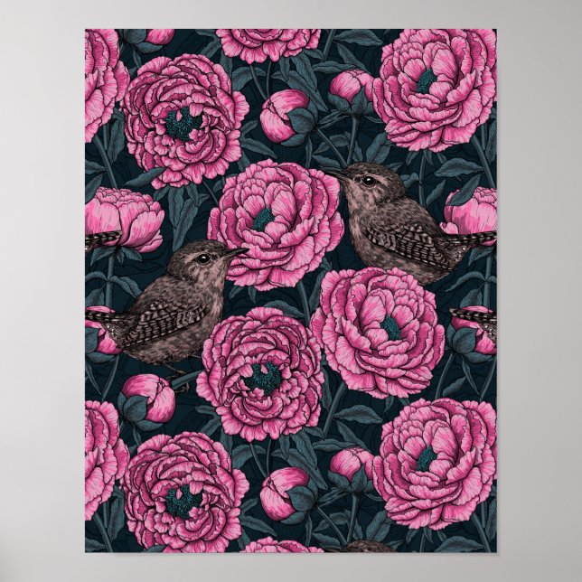 Póster Peonies y wrenes en gris oscuro (Frente)