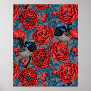 Póster Peonies y wrens