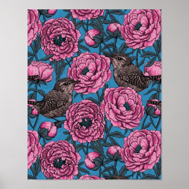 Póster Peonies y wrens en azul (Frente)