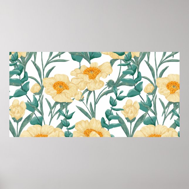 Póster Peony Claire de Lune plants seamless pattern. Hand (Frente)