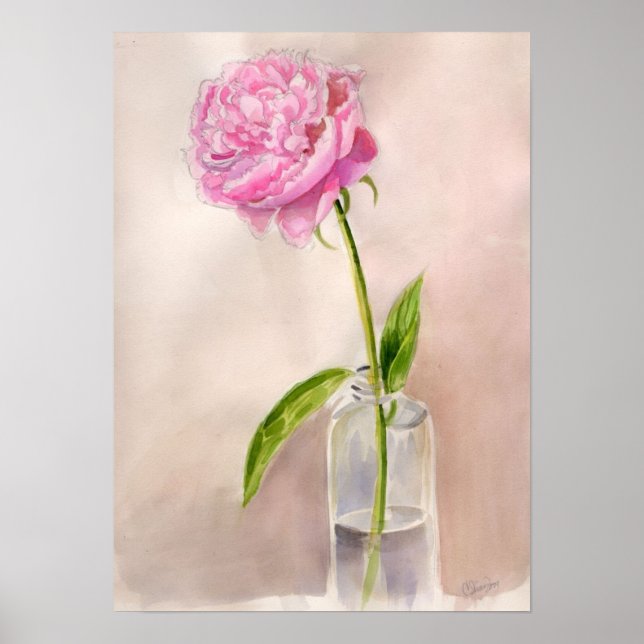 Póster Peony Flower Still Life in Watercolor (Frente)