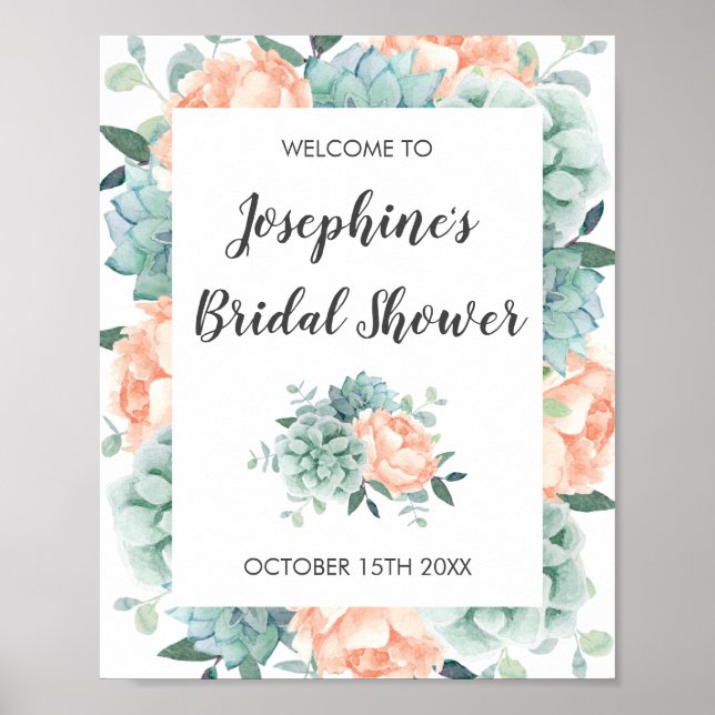 Póster Peony Succulent Floral Watercolor Bridal Shower (Frente)