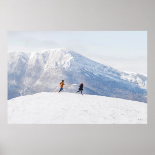 Póster People having fun and running in mountains on the