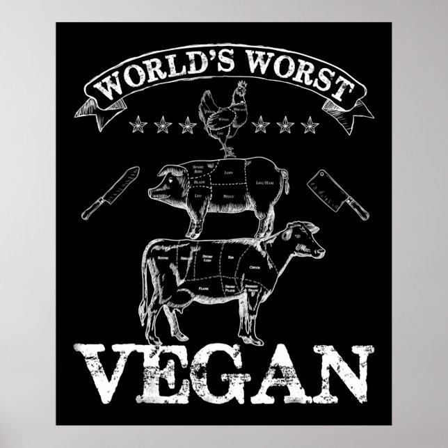Póster Peor carne vegetariana vaca de cerdo con barbacoa (Frente)