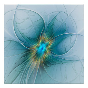 Póster Pequeña belleza arte floral fractal moderno azul o