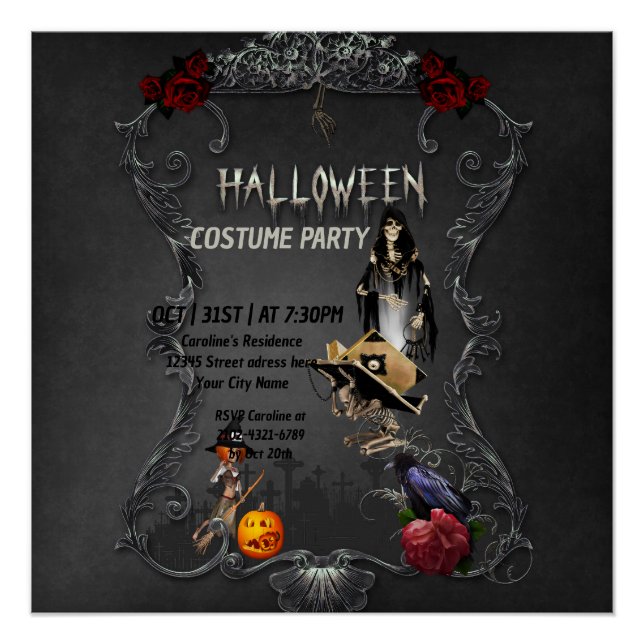 Póster Pequeña bruja de esqueleto y cuervo (Anverso)