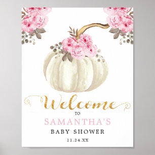 Póster Pequeña calabaza blanca rosada Baby Shower floral