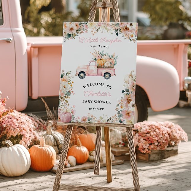 Póster Pequeña calabaza Camión Rosa Cae Floral Baby Showe (Little Pumpkin Pink Truck Fall Floral Baby Shower Poster)