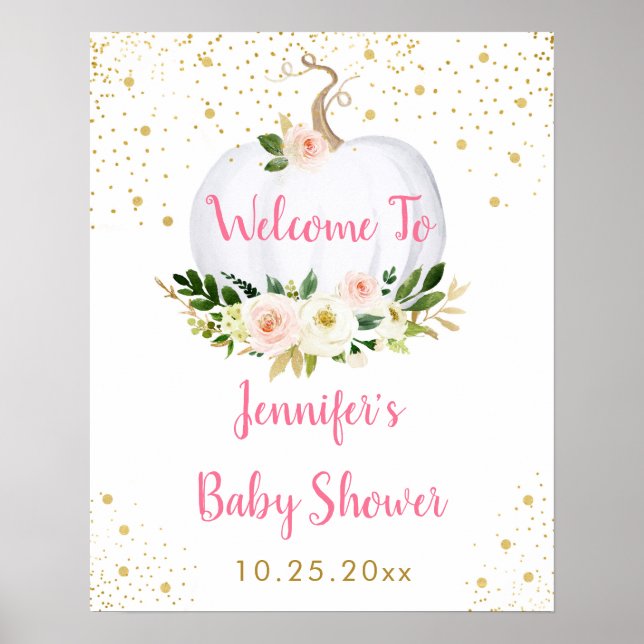Póster Pequeña Calabaza Dorada Rosa Bienvenida a Baby Sho (Frente)