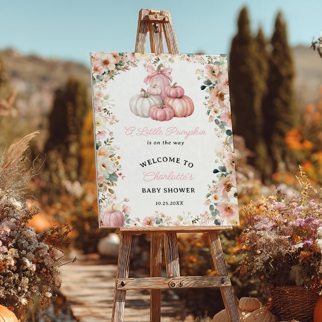 Póster Pequeña Calabaza Rosa Cae Floral Baby Shower (Little Pumpkin Pink Stack Fall Floral Baby Shower Poster)