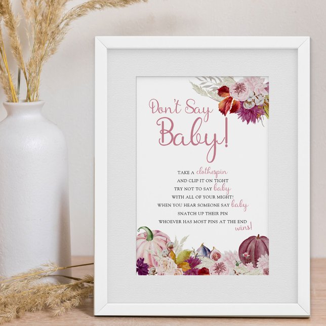 Póster Pequeña Calabaza Rústica Ropa Floral Juego de esta (Fall Baby Shower Game Sign - Don't Say Baby clothes pin game)