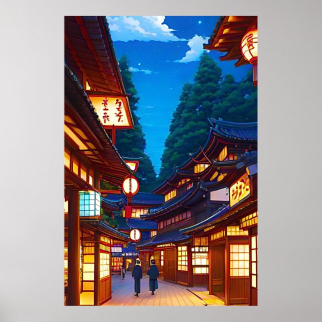 Póster Pequeña calle de un pueblo japonés por la noche (Frente)