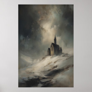 Póster Pequeña capilla en colina nevada, iglesia rústica