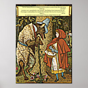 Póster Pequeña capucha roja y lobo de cuento infantil