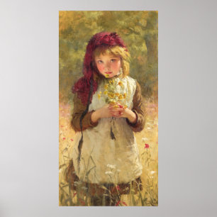 Póster Pequeña Chica con flores de mariposa amarilla