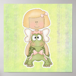 Póster Pequeña Chica de hadas montando tortuga
