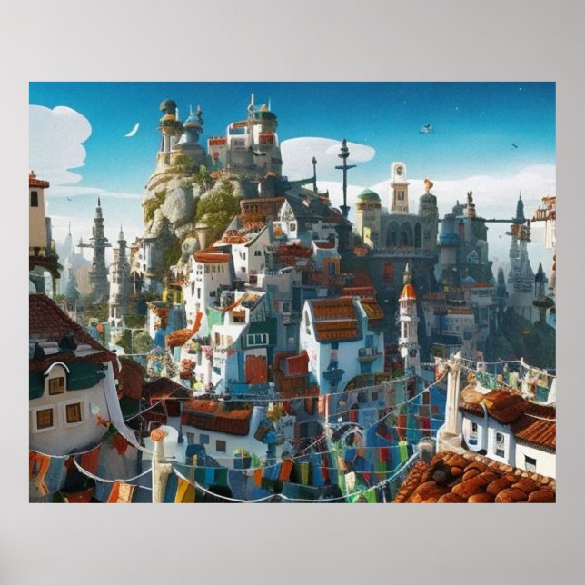 Póster Pequeña ciudad turística Fantasía moderna de monta (Frente)
