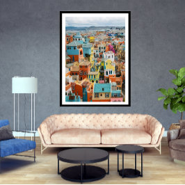 Póster Pequeña ciudad turística muchas casas coloridas fe