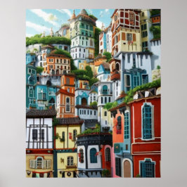 Póster Pequeña ciudad turística muchas casas coloridas he