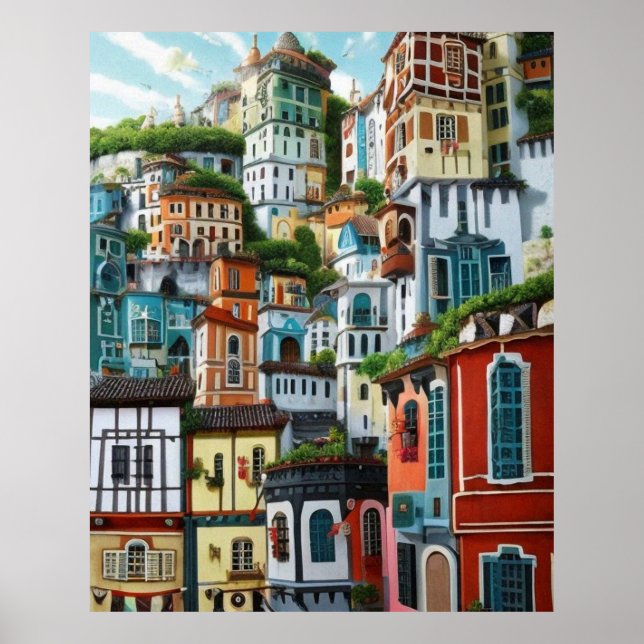 Póster Pequeña ciudad turística muchas casas coloridas he (Frente)