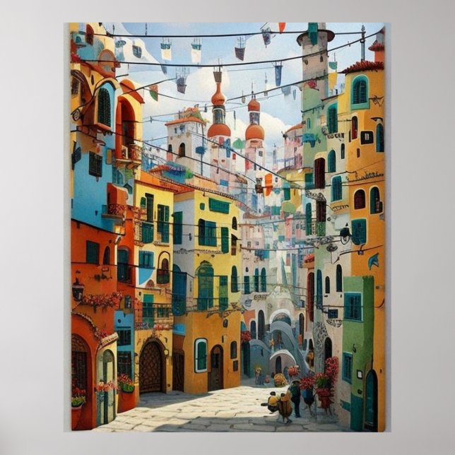 Póster Pequeña ciudad turística muchas casas coloridas Lu (Frente)