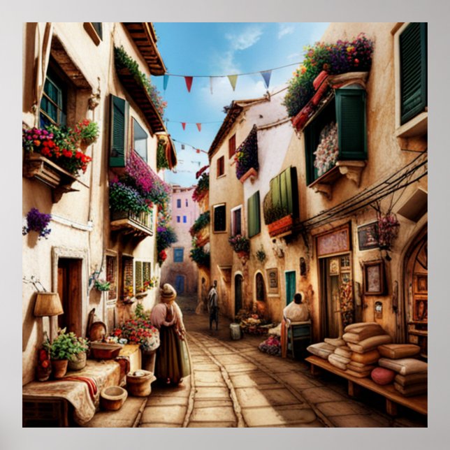 Póster Pequeña ciudad turística pequeñas calles comercial (Frente)