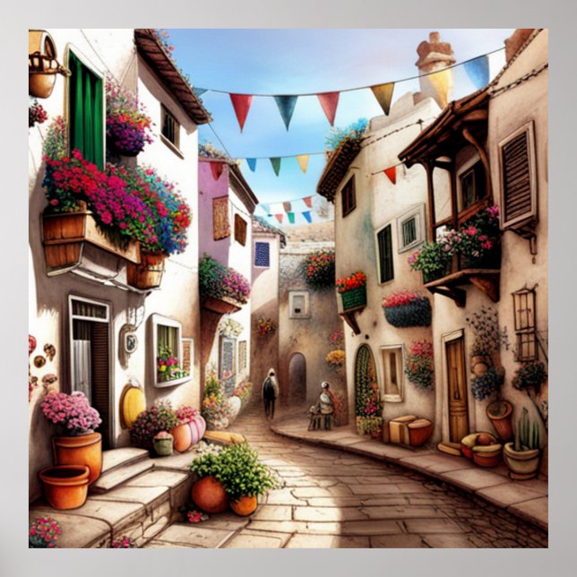 Póster Pequeña ciudad turística pequeñas calles tiendas d (Frente)