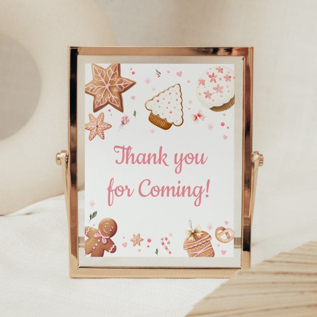 Póster Pequeña cookie de Navidades rosas gracias por veni (Christmas Little Cookie Gingerbread Baby Shower Thank you for Coming Sign)