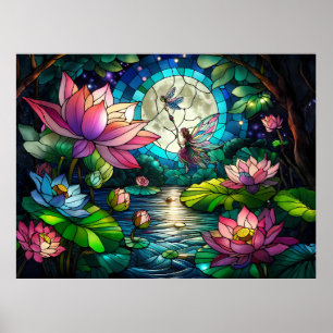 Póster Pequeña Hada de Vidrio Pintado con Libélula