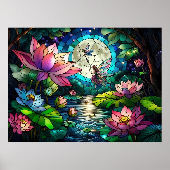 Póster Pequeña Hada de Vidrio Pintado con Libélula (Frente)