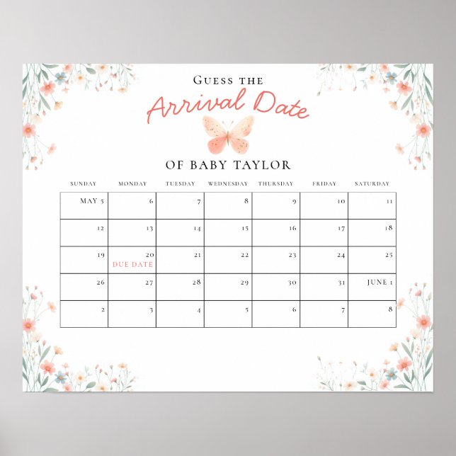 Póster Pequeña mariposa Chica de coral Baby Shower Adivin (Frente)