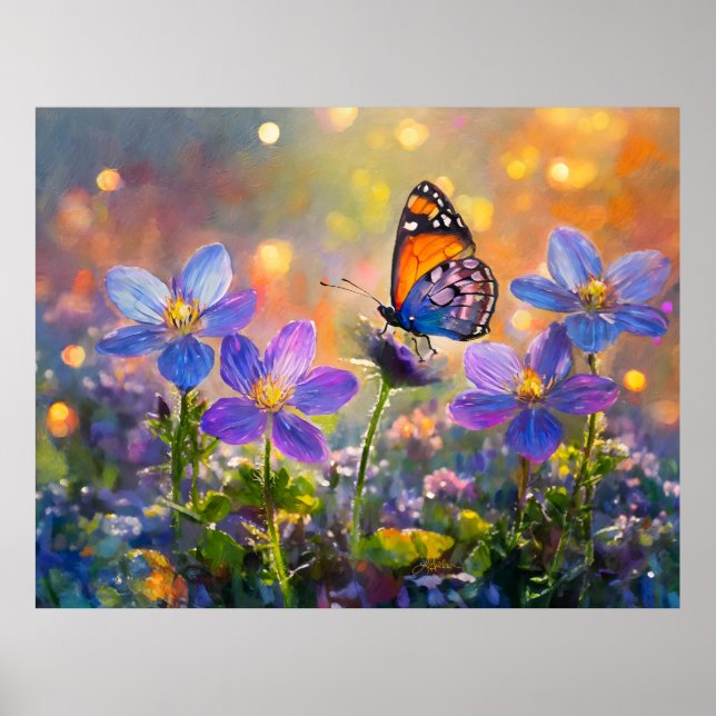 Póster Pequeña mariposa en flores silvestres al amanecer (Frente)