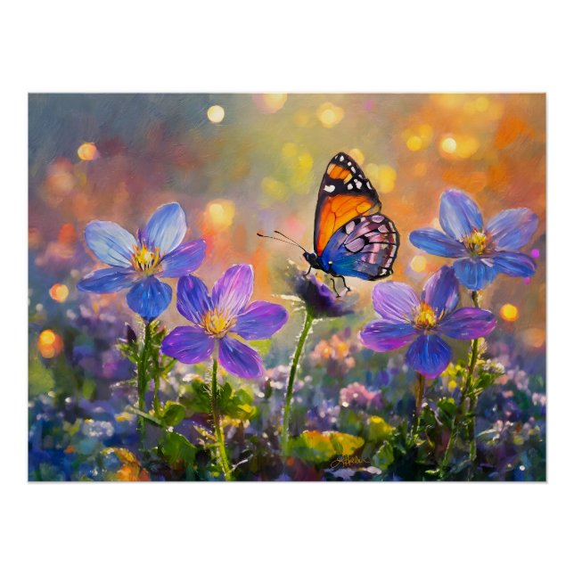 Póster Pequeña mariposa en flores silvestres al amanecer (Anverso)