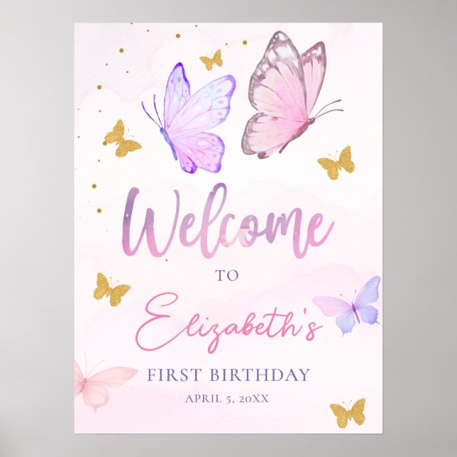 Póster Pequeña mariposa rosa morado Chica Bienvenidos a c (Frente)
