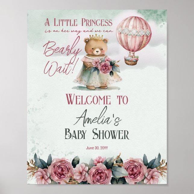 Póster Pequeña Princesa Osa Bearly Wait Chica Baby Shower (Frente)