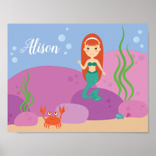 Póster Pequeña sirena bajo el agua ondeando poster de gua