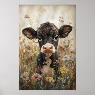 Póster Pequeña Vaca en Estampa de Flores Silvestres, Tern