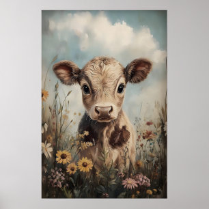 Póster Pequeña vaca estampado de flores silvestres, granj