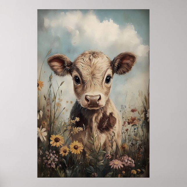 Póster Pequeña vaca estampado de flores silvestres, granj (Frente)