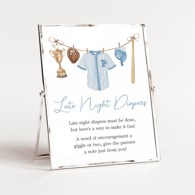 Póster Pequeño asfixiante Béisbol, diafines de la noche (Baseball Little Slugger Baby Shower Late Night Diapers Sign)