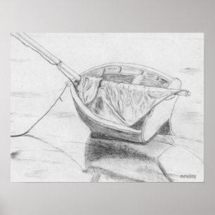 Póster Pequeño barco de vela con grafito de playa